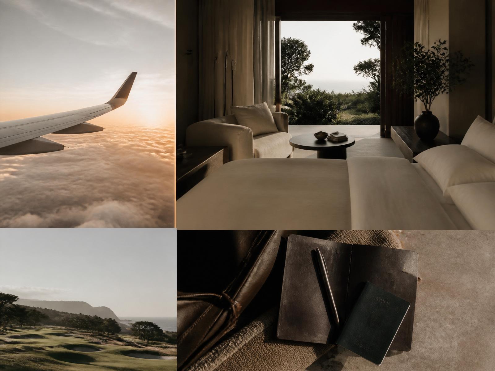 Editorial travel collage of flights, luxury hotel stays, and destinations